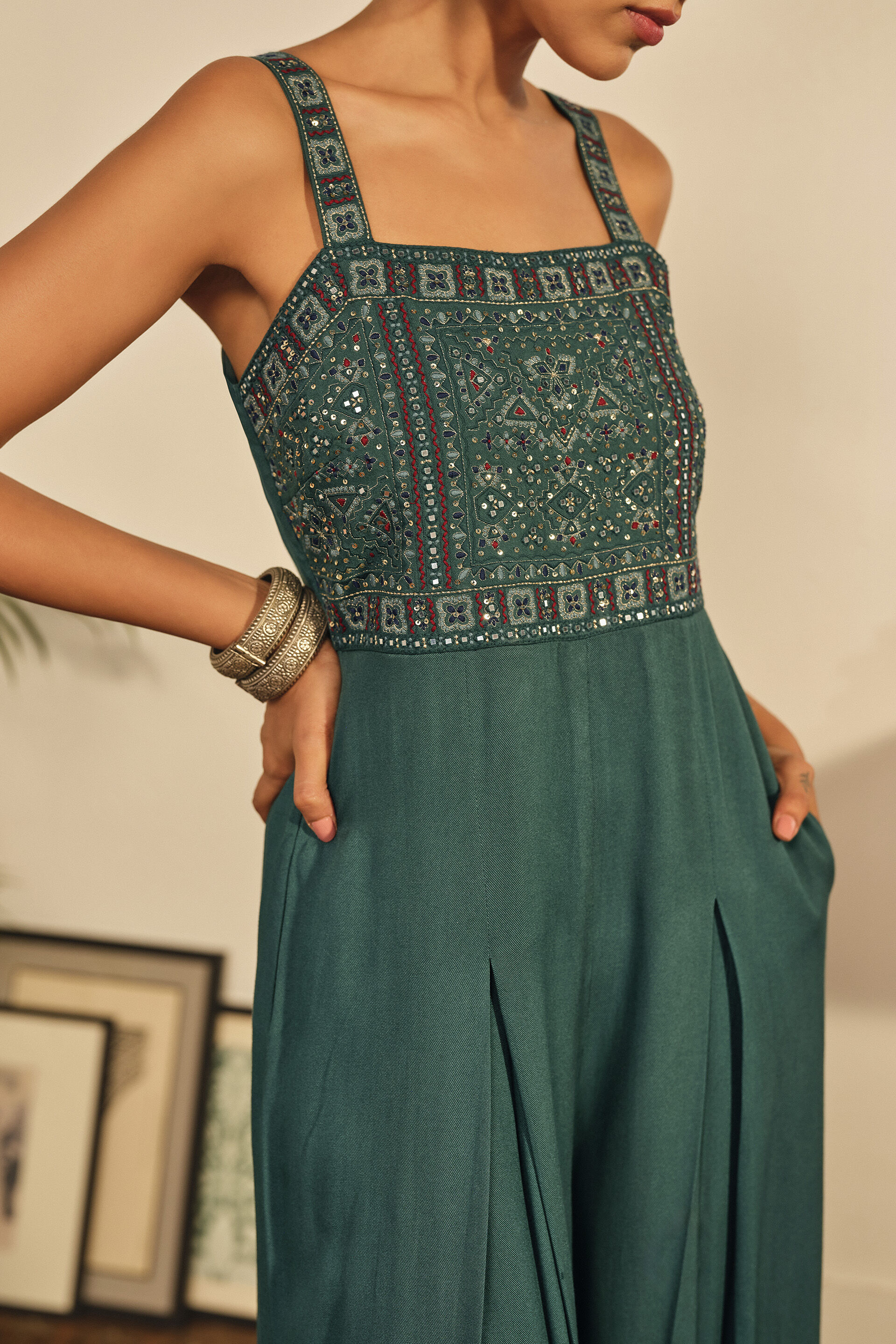 Embroidered Jumpsuit in Teal, Teal, image 2